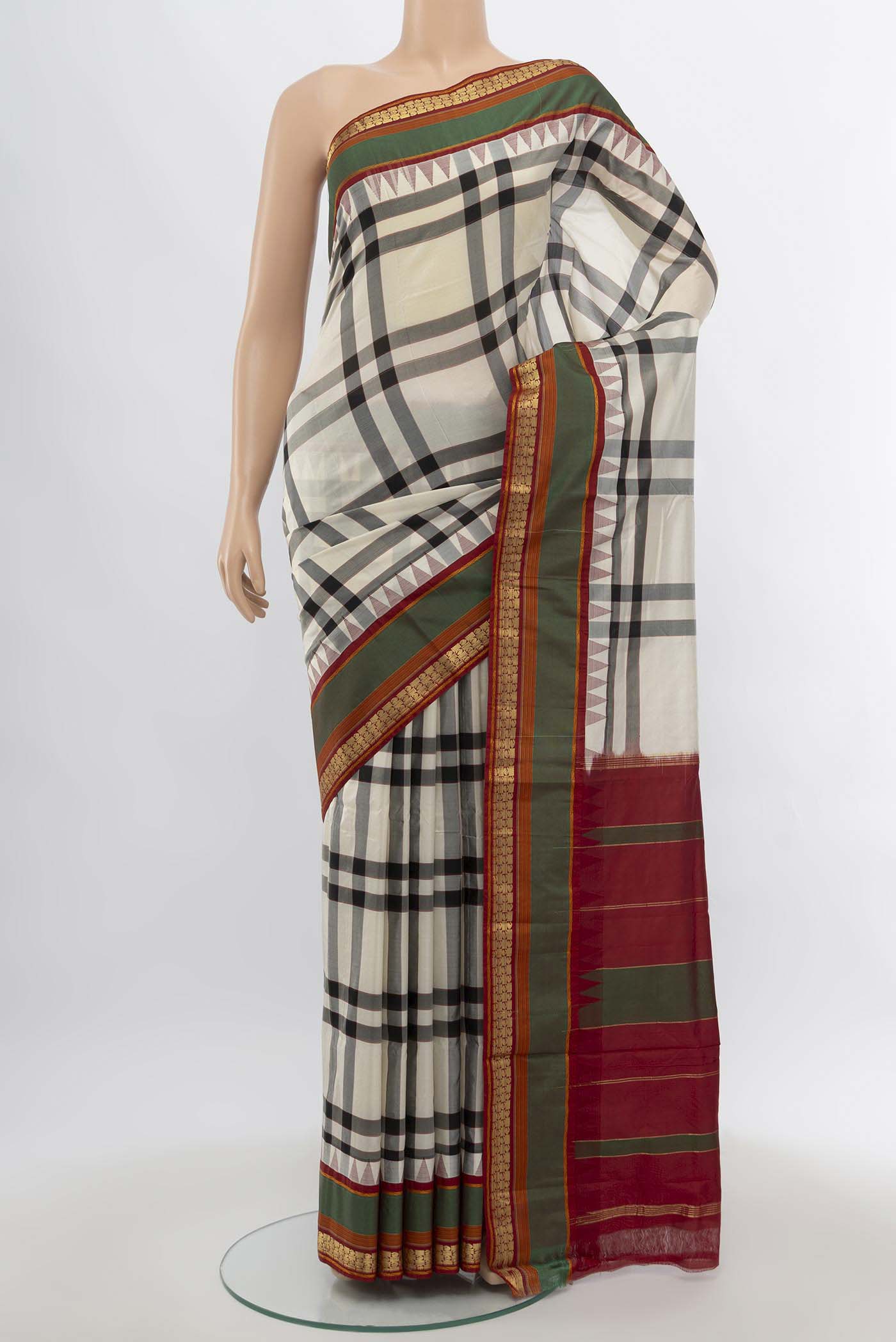 Multi Color Bangalore Silk - kadyal Saree with Zari Butta on the body and Fancy Border.  displayed on a mannequin