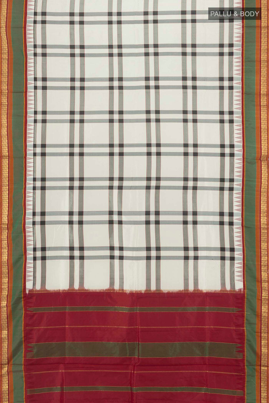 Flat view of Multi Color Bangalore Silk - kadyal Saree with Zari Butta on the body and Fancy Border. 
