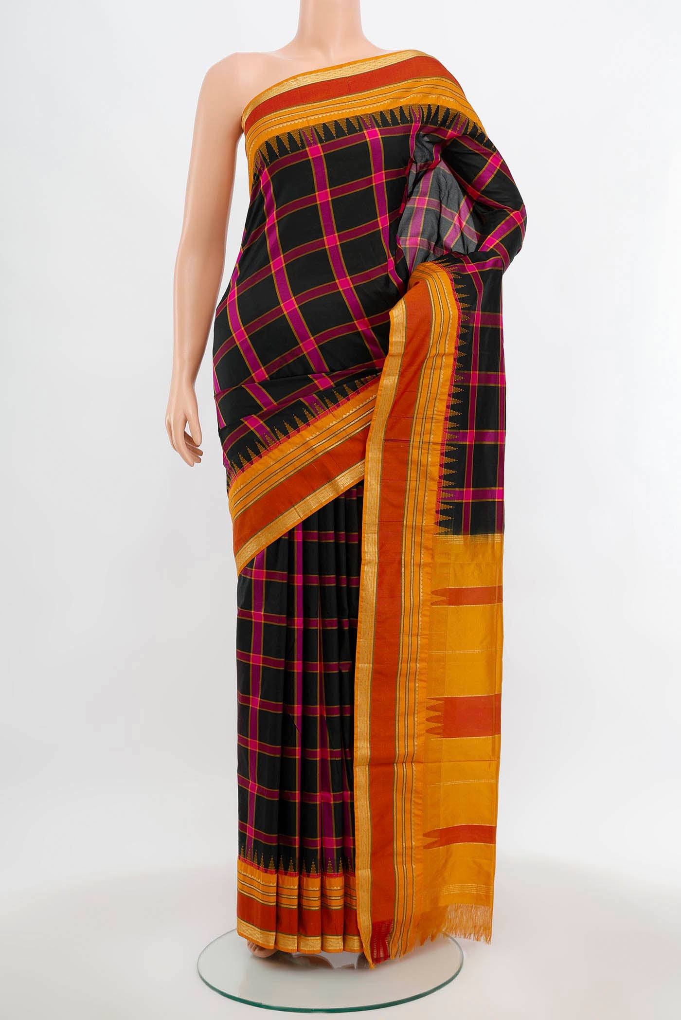 Multi Color Bangalore Silk - kadyal Saree with Checked design on the body and Silk Border.  displayed on a mannequin