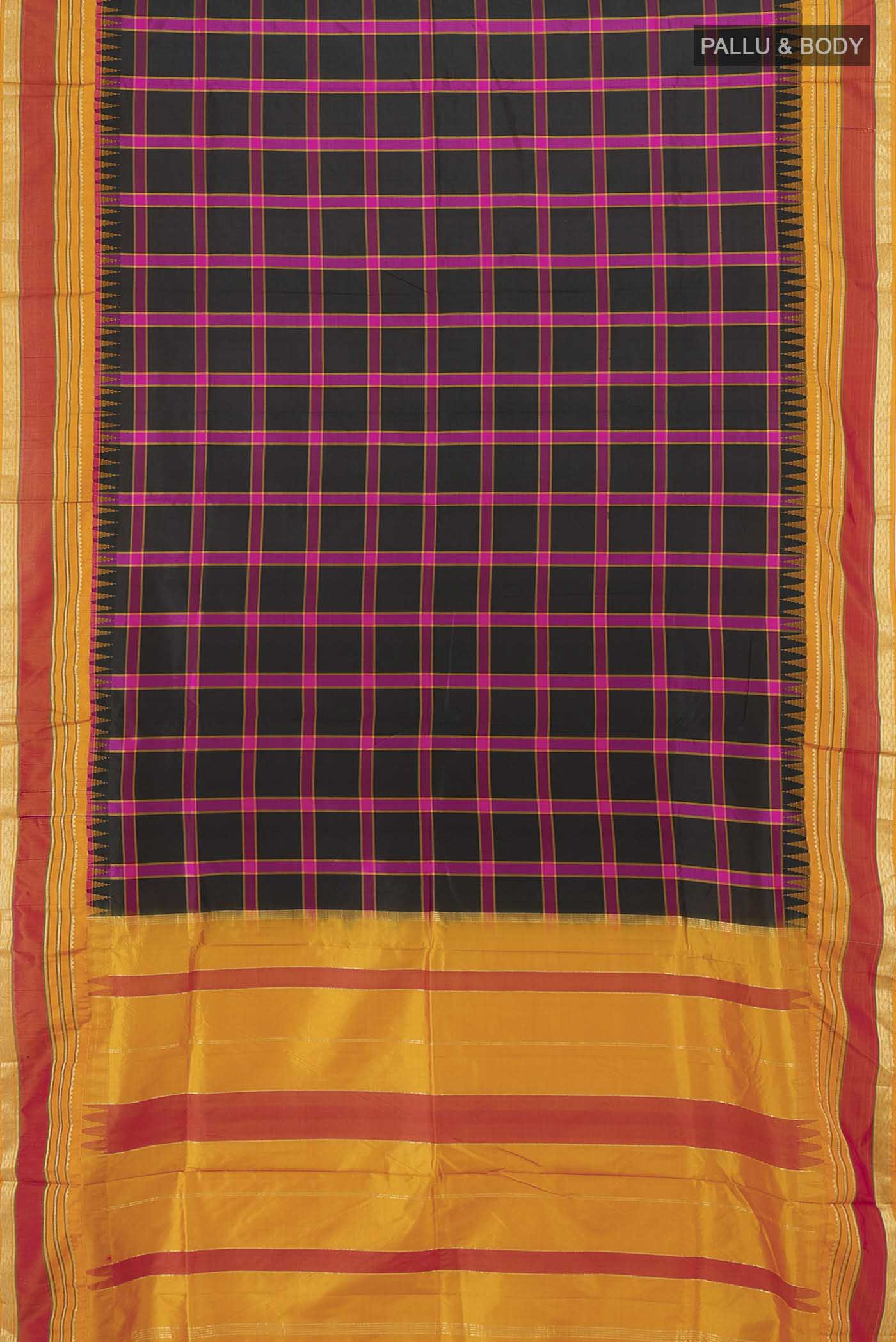 Flat view of Multi Color Bangalore Silk - kadyal Saree with Checked design on the body and Silk Border. 