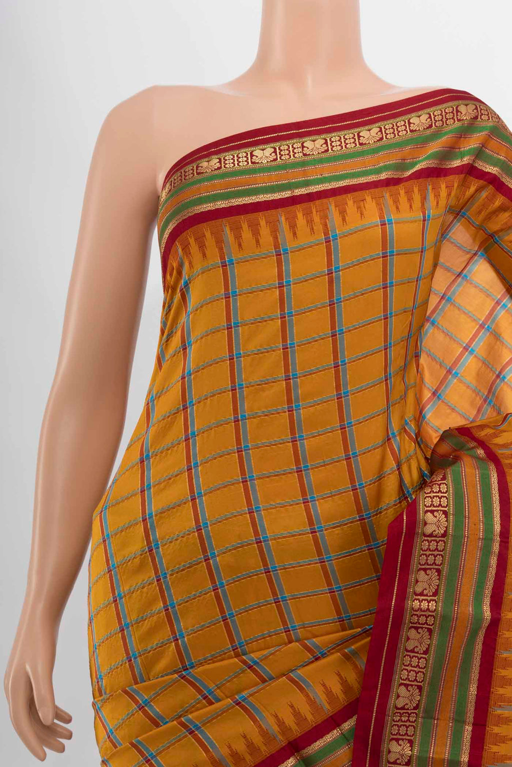 Border image of Mustard Bangalore Silk - kadyal Saree with Checked design on the body and Silk Border. 
