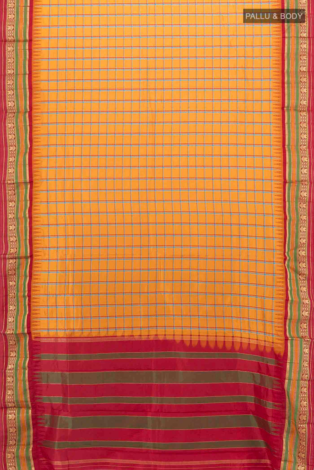 Flat view of Mustard Bangalore Silk - kadyal Saree with Checked design on the body and Silk Border. 