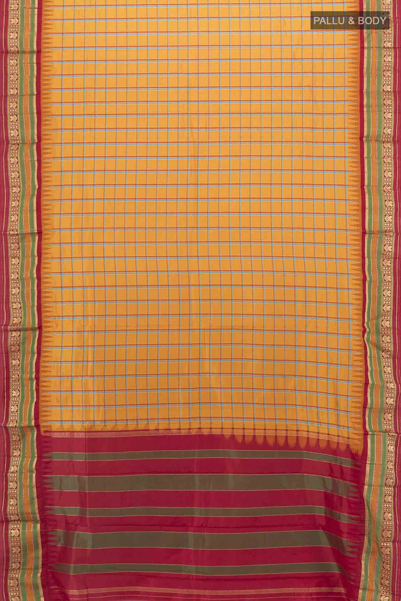 Flat view of Mustard Bangalore Silk - kadyal Saree with Checked design on the body and Silk Border. 