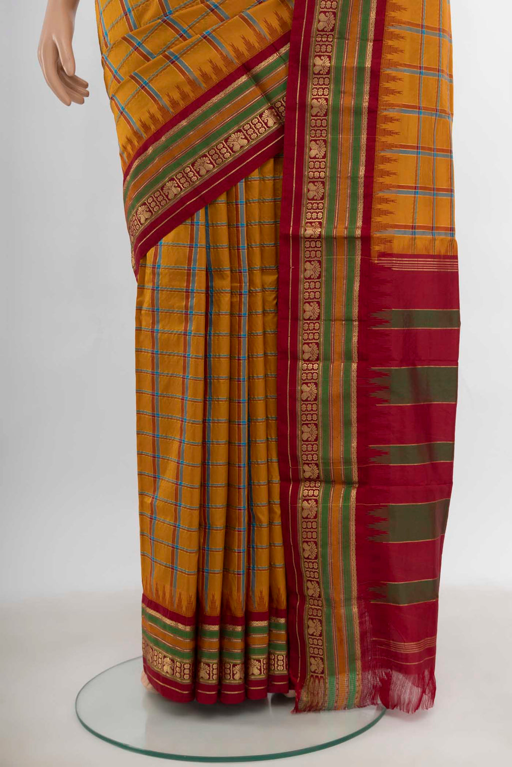 Pleats and pallu of Mustard Bangalore Silk - kadyal Saree with Checked design on the body and Silk Border. 