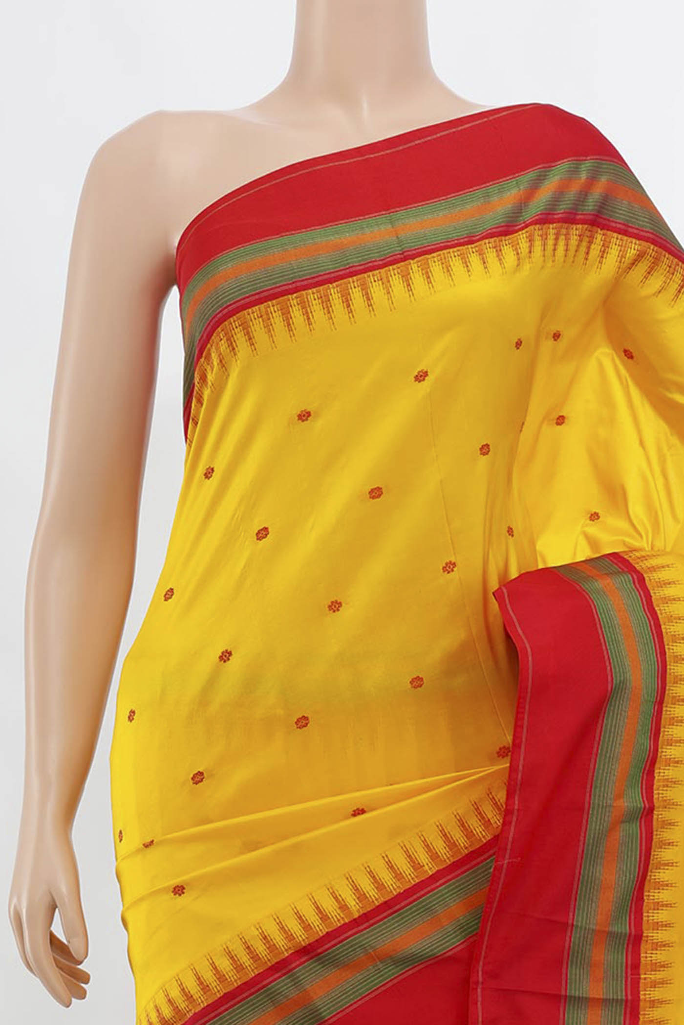 Border image of Yellow Pochampally Saree with Zari Butta on the body and Silk Border. 
