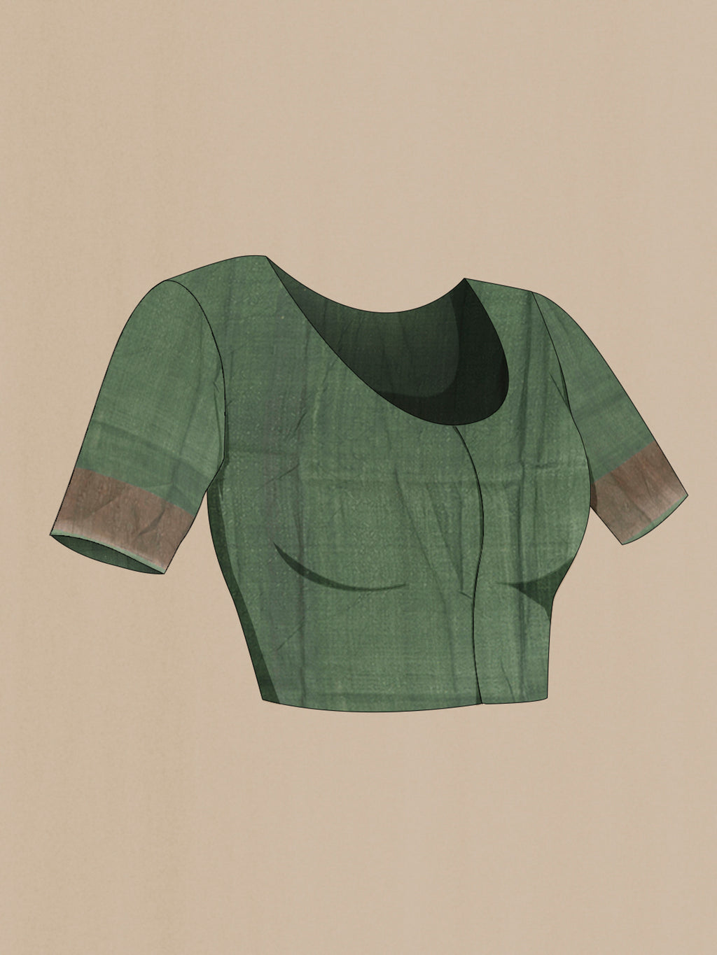 Close up image of the blouse of Green Tussar Silk Saree with Floral Print on the body and Zari Border. 