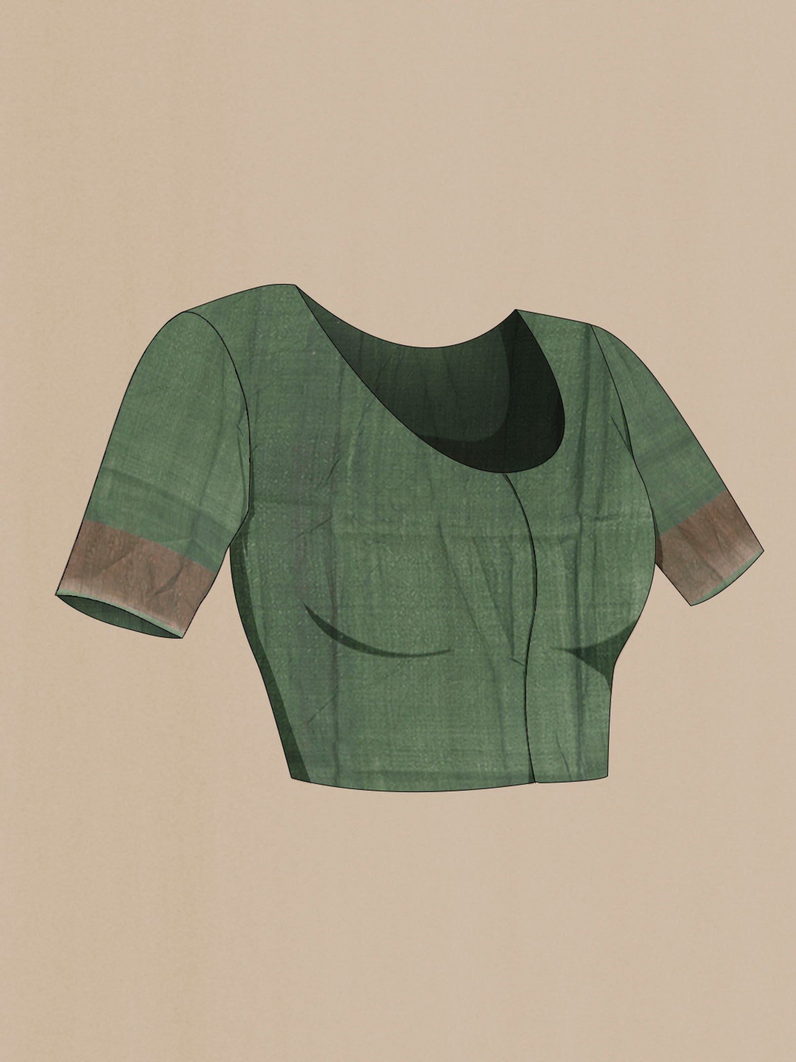 Close up image of the blouse of Green Tussar Silk Saree with Floral Print on the body and Zari Border. 