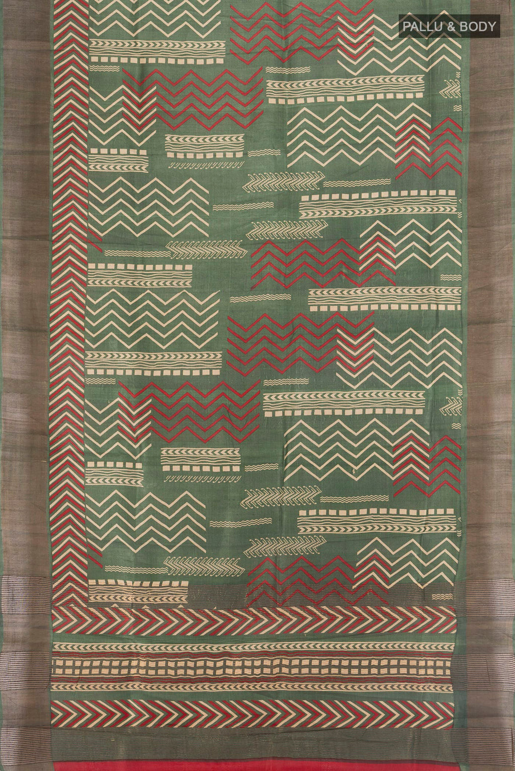 Flat view of Green Tussar Silk Saree with Floral Print on the body and Zari Border. 