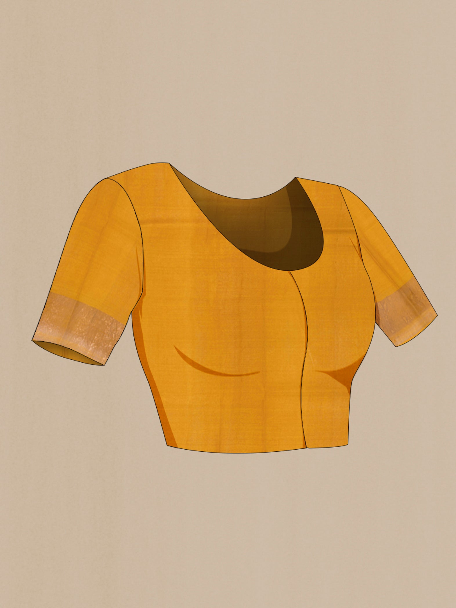 Close up image of the blouse of Mustard Tussar Silk Saree with Floral Print on the body and Zari Border. 