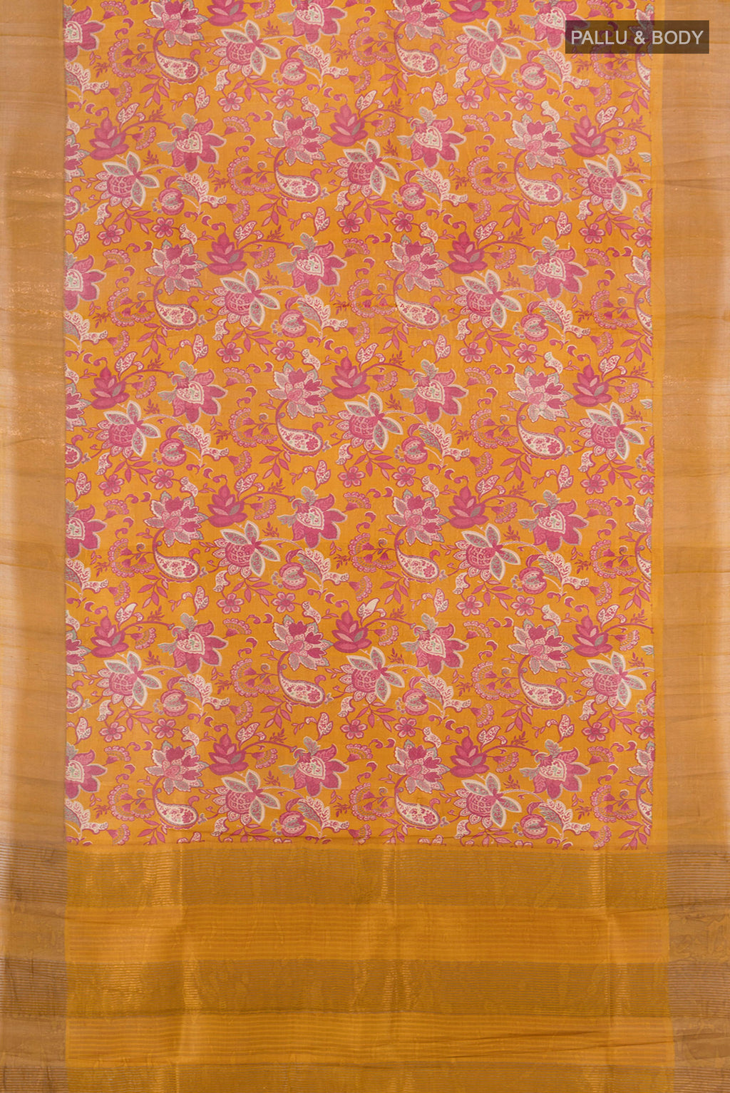 Flat view of Mustard Tussar Silk Saree with Floral Print on the body and Zari Border. 