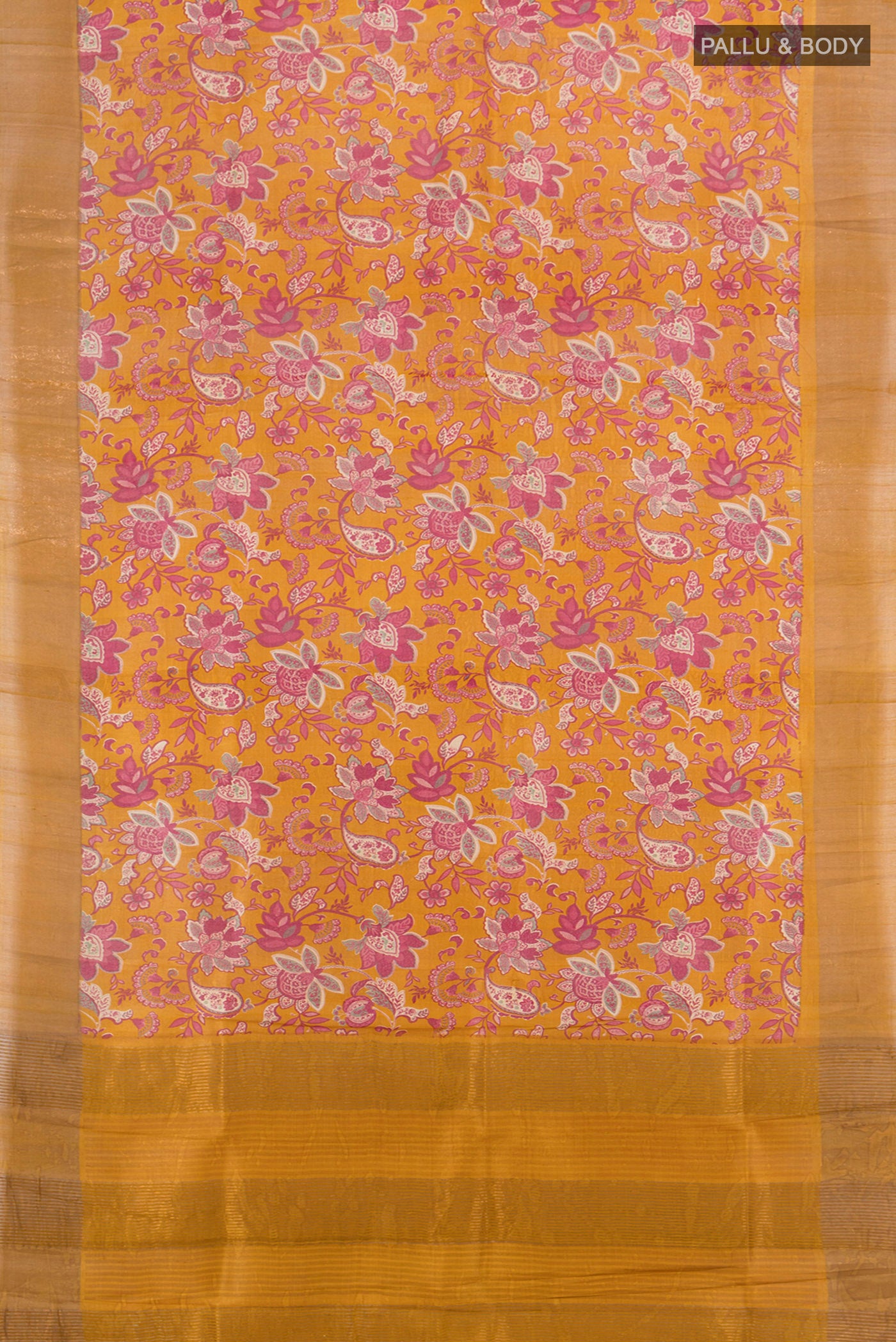 Flat view of Mustard Tussar Silk Saree with Floral Print on the body and Zari Border. 