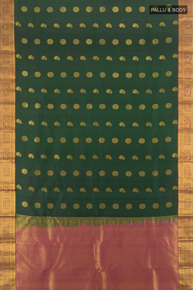 Flat view of Mint Green Kanchipuram Silk Saree with Zari Butta on the body and Silk Border. 