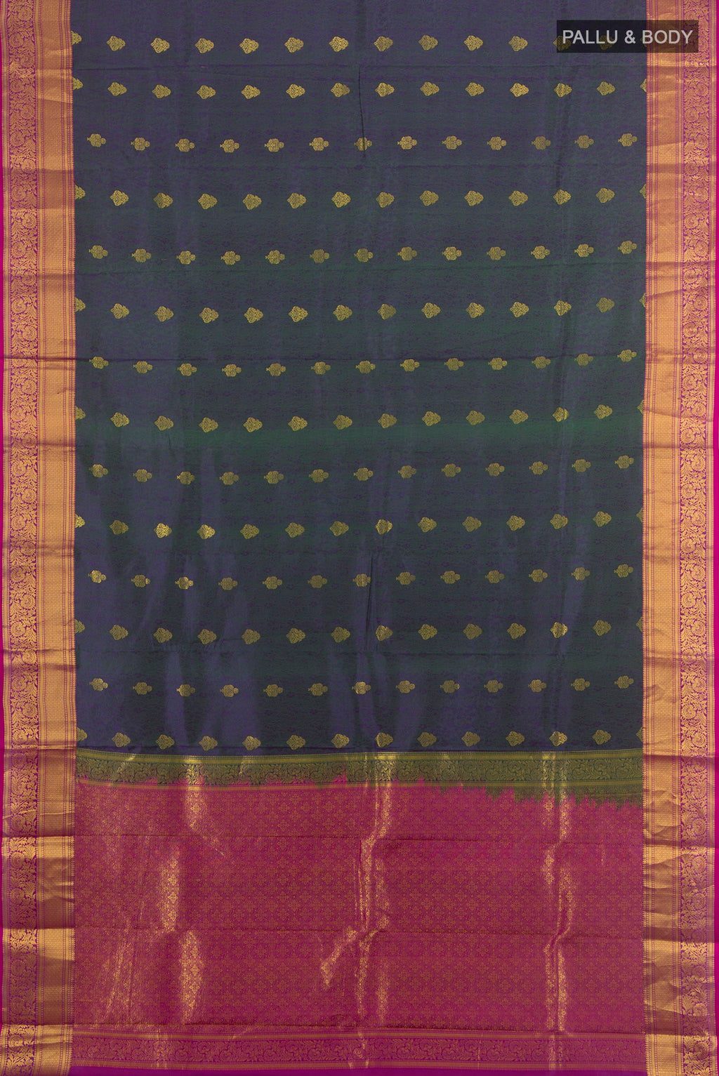 Flat view of Pure Silk Green Dual Tone Kanchipuram Saree with Zari Butta on the body and Zari Border. 