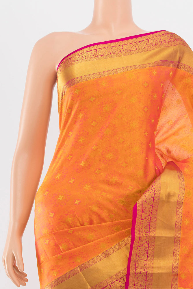 Border image of Orange Kanchipuram Silk Saree with Zari Butta on the body and Silk Border. 