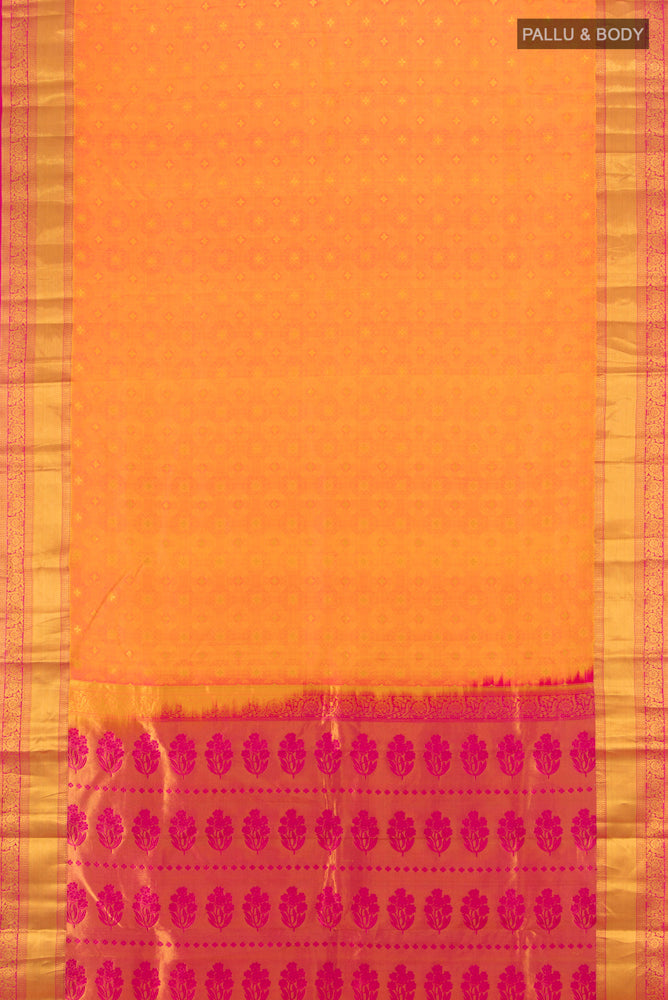 Flat view of Orange Kanchipuram Silk Saree with Zari Butta on the body and Silk Border. 
