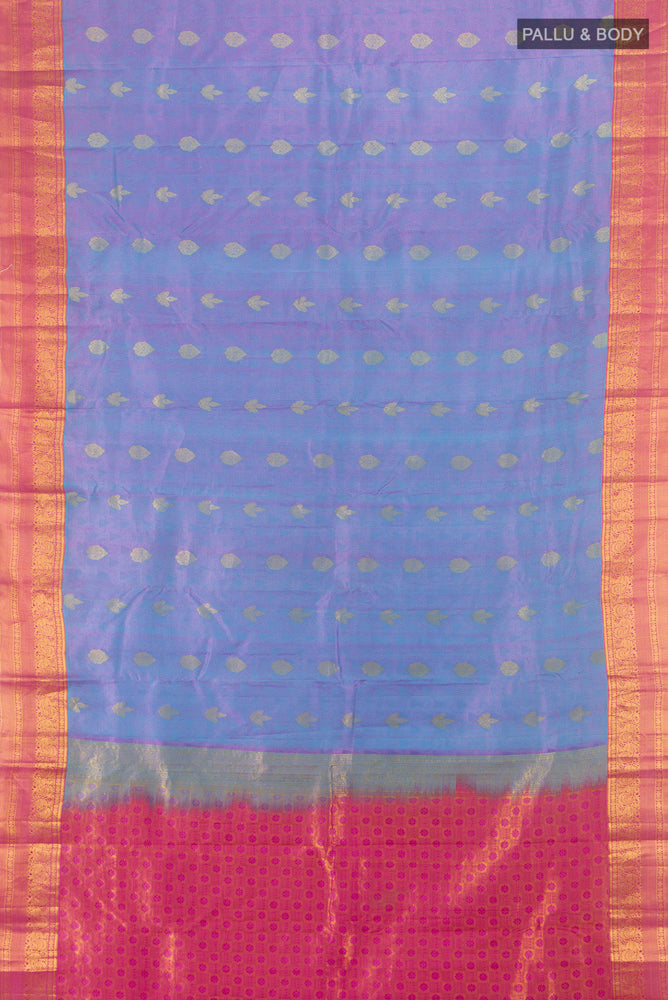 Flat view of Light Blue Kanchipuram Silk Saree with Zari Butta on the body and Silk Border. 