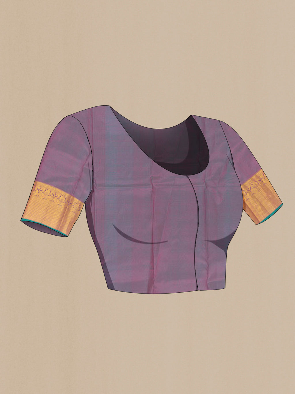 Close up image of the blouse of Pure Silk Pink Kanchipuram Saree with Zari Butta on the body and Zari Border. 