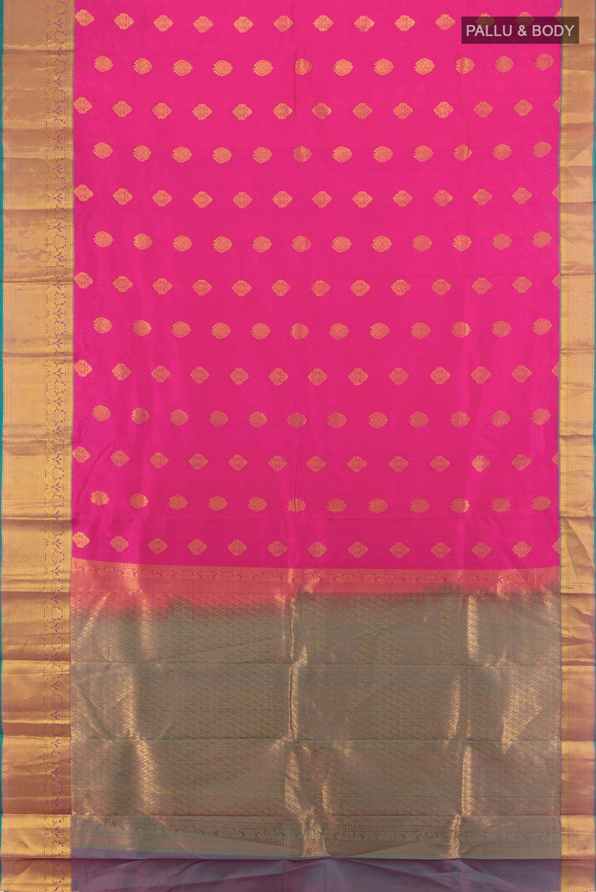 Flat view of Pure Silk Pink Kanchipuram Saree with Zari Butta on the body and Zari Border. 