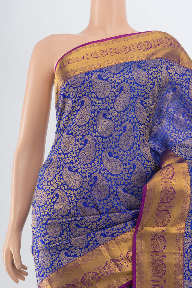 Border image of Pure Silk Pure Zari Dark Blue Kanchipuram Saree with Zari Butta on the body and Silk Border. 