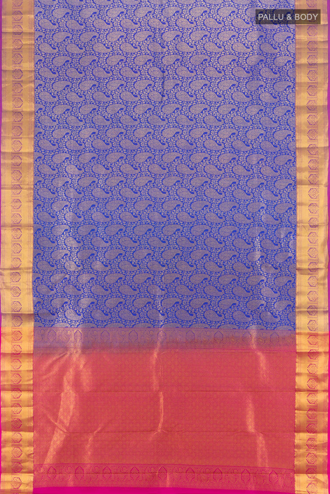 Flat view of Pure Silk Pure Zari Dark Blue Kanchipuram Saree with Zari Butta on the body and Silk Border. 