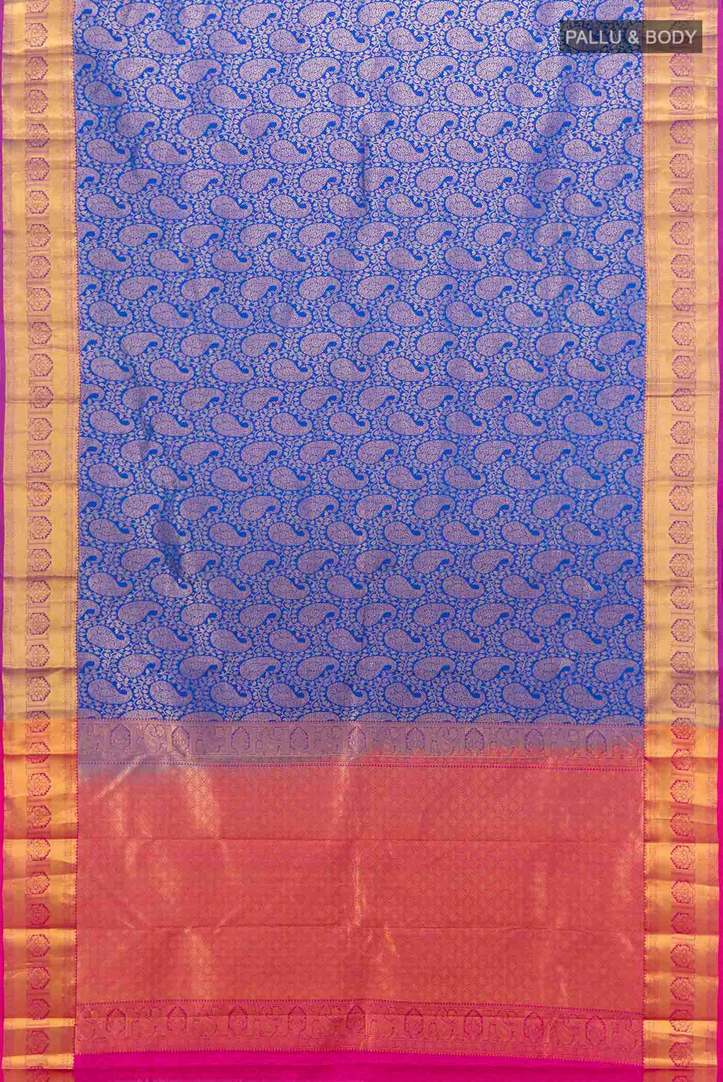 Flat view of Dark Blue Kanchipuram Silk Saree with Zari Butta on the body and Silk Border. 