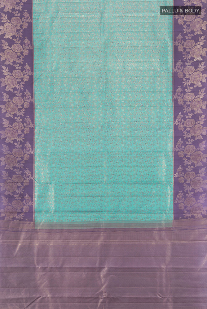 Flat view of Pure Silk Pure Zari Olive Green Kanchipuram Saree with Zari Butta on the body and Silk Border. 