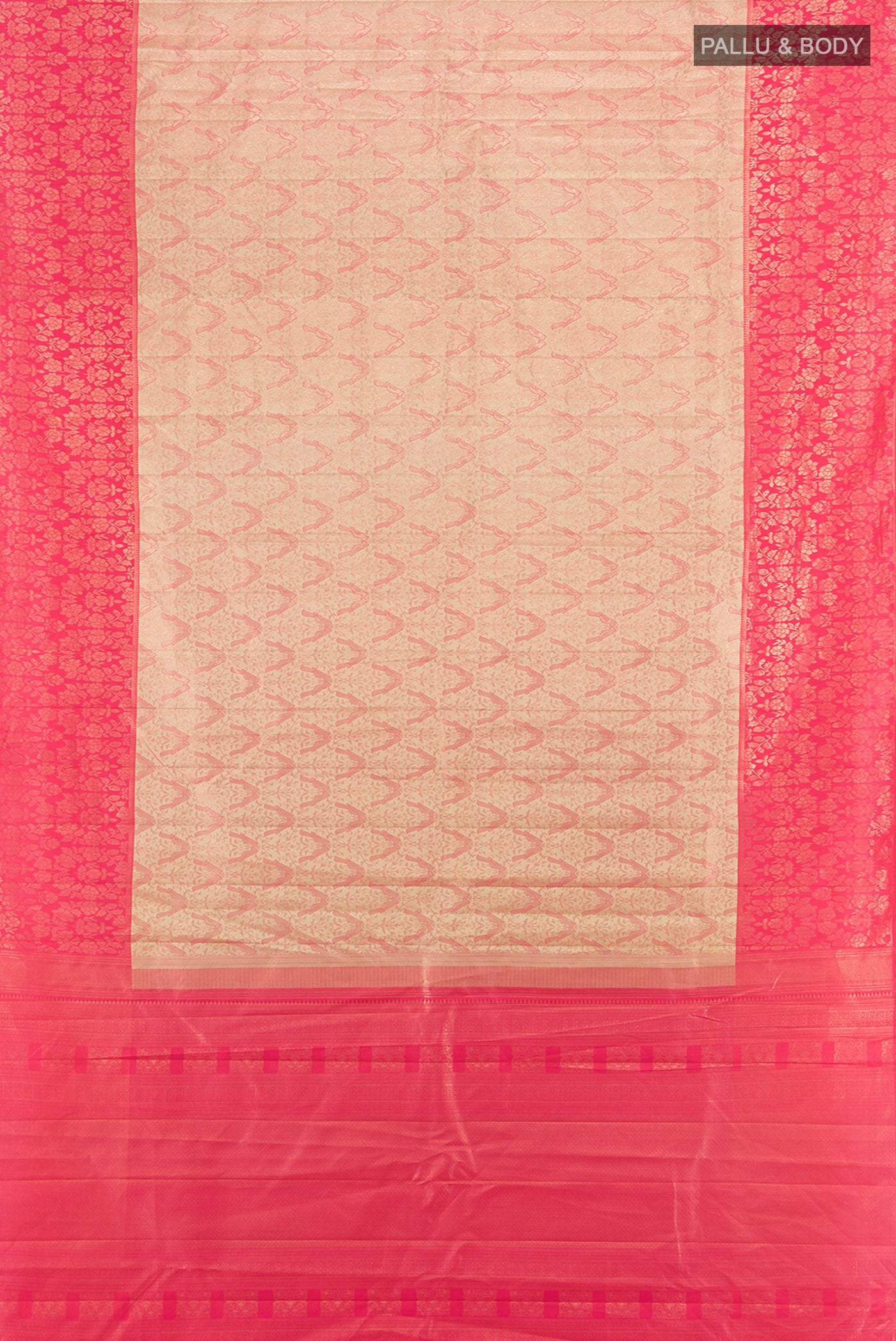 Flat view of Rose Gold Kanchipuram Tissue Silk Saree with Zari Brocade on the body and Zari Border. 