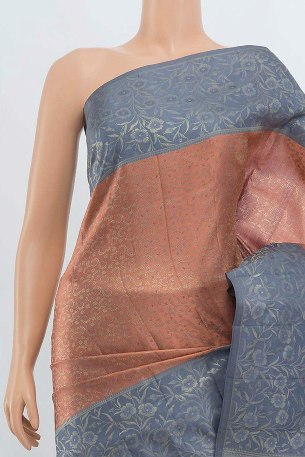 Border image of Peach Kanchipuram Silk Saree with Zari Butta on the body and Silk Border. 