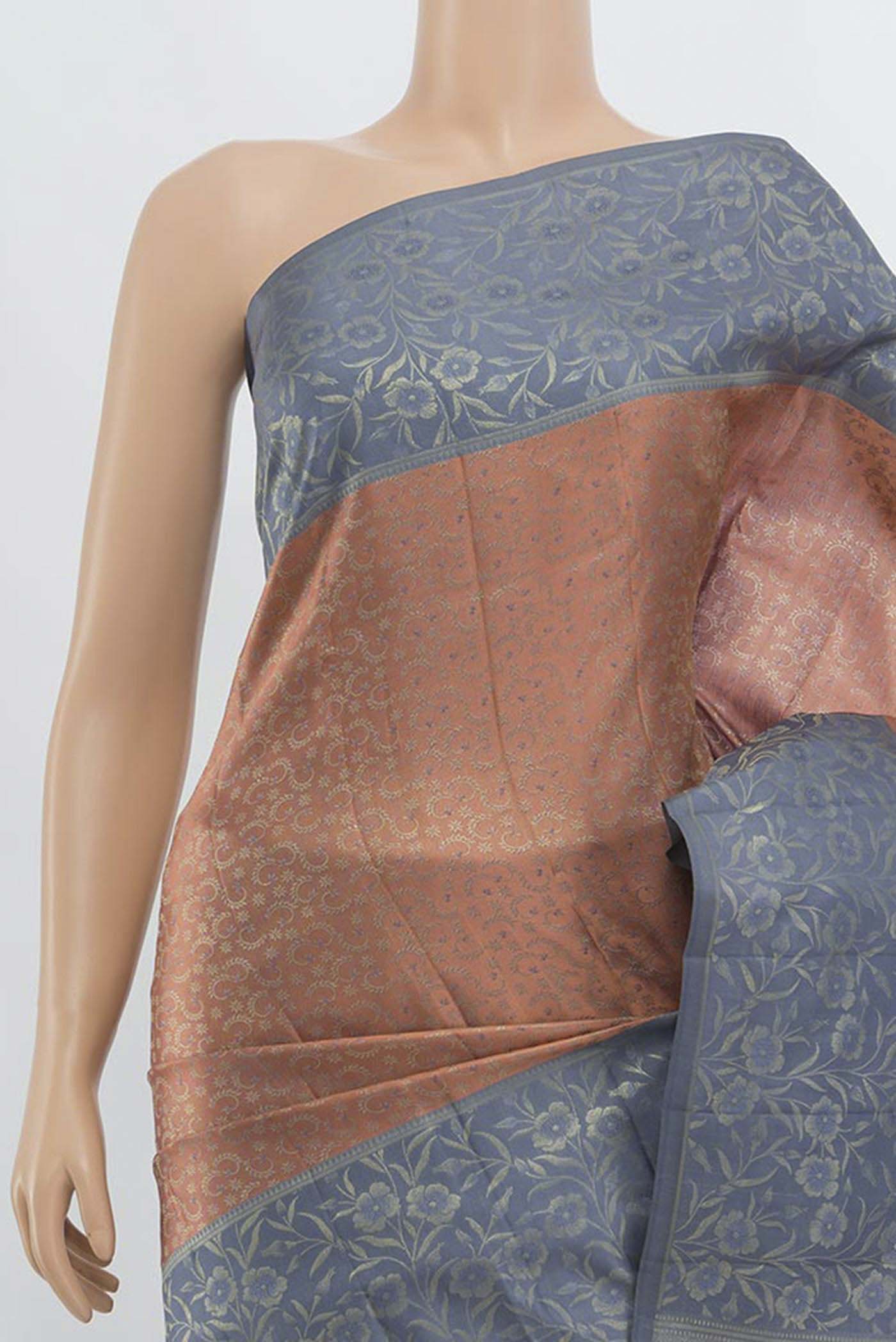 Border image of Peach Kanchipuram Silk Saree with Zari Butta on the body and Silk Border. 