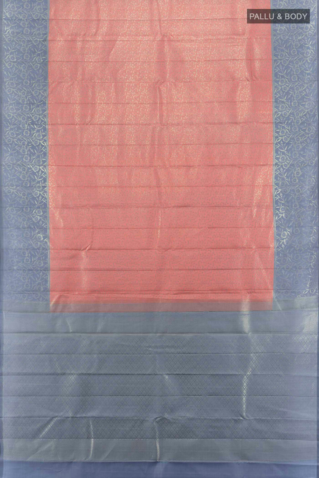 Flat view of Peach Kanchipuram Silk Saree with Zari Butta on the body and Silk Border. 