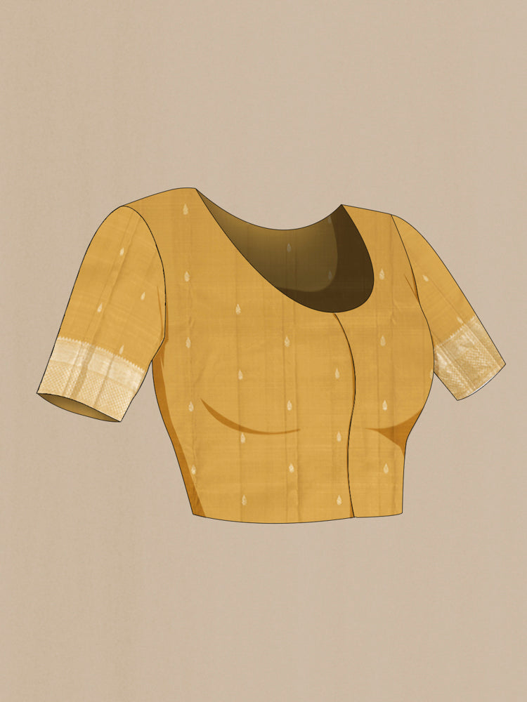 Close up image of the blouse of Pure Silk Pure Zari Golden Kanchipuram Saree with Zari Butta on the body and Silk Border. 