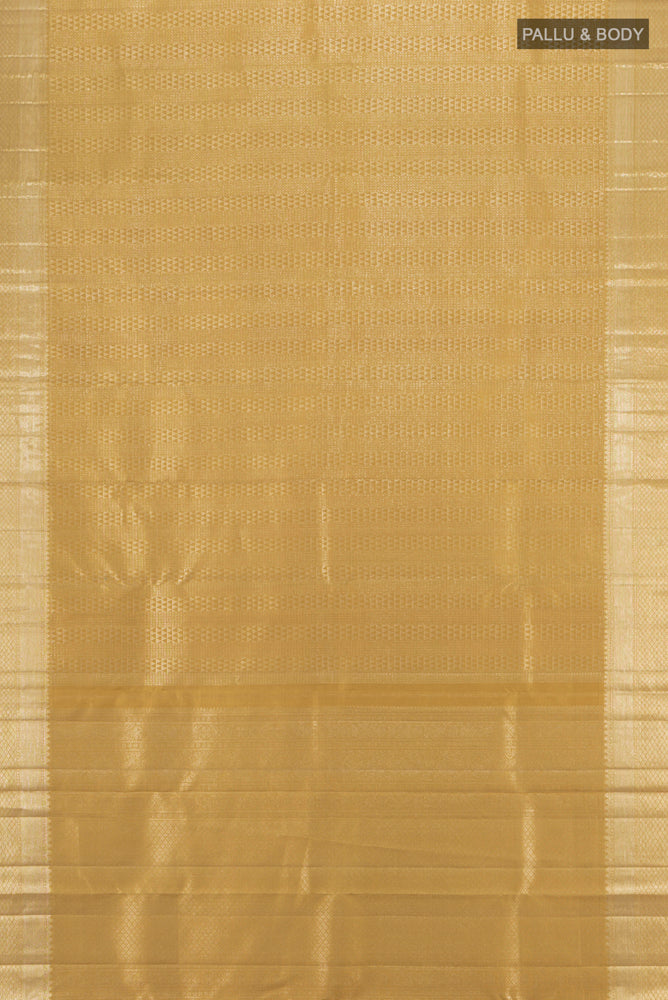 Flat view of Pure Silk Pure Zari Golden Kanchipuram Saree with Zari Butta on the body and Silk Border. 