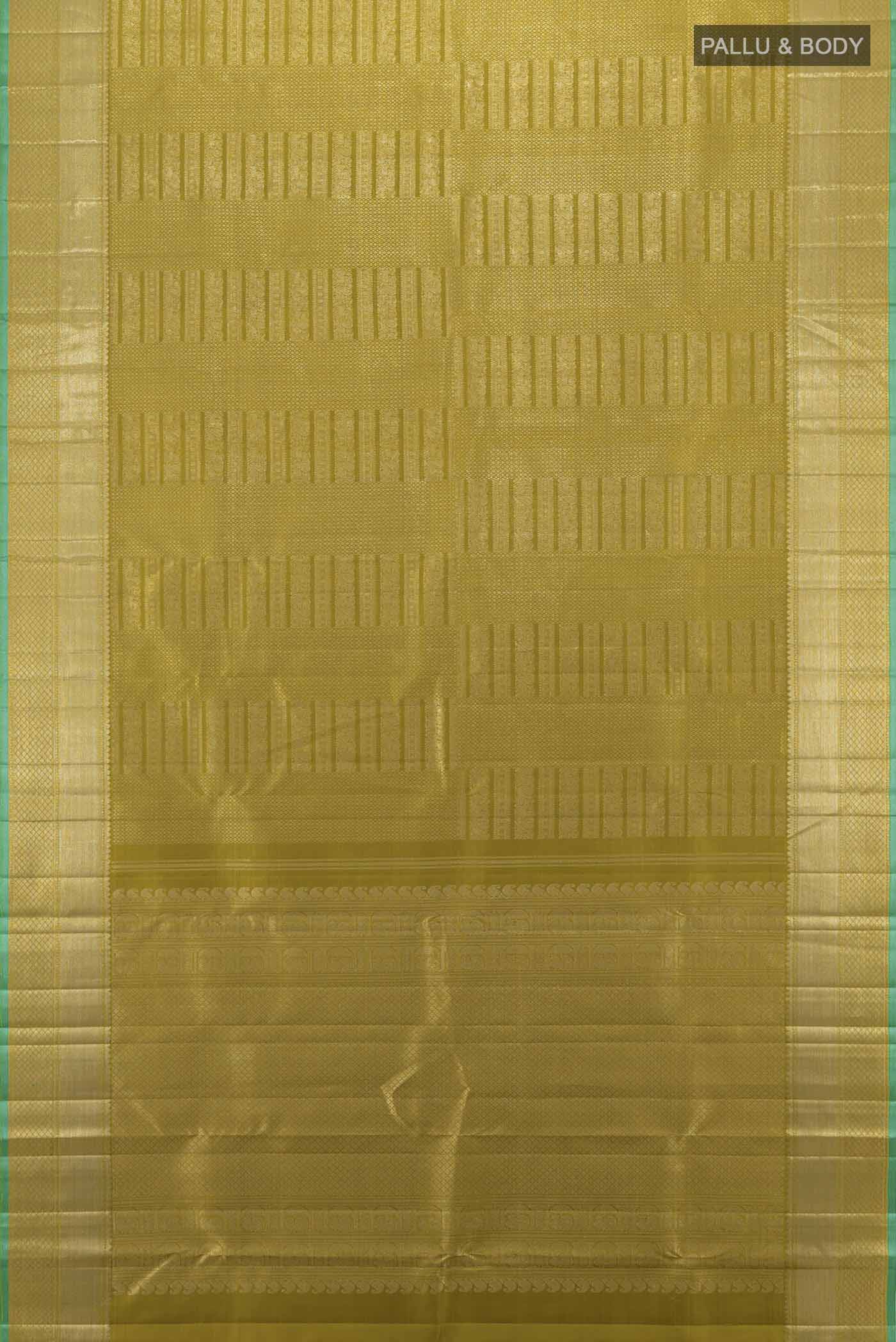 Flat view of Mehandi Green Kanchipuram Silk Saree with Zari Butta on the body and Silk Border. 