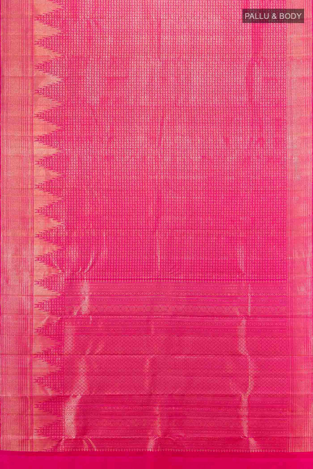 Flat view of Magenta Kanchipuram Silk Saree with Zari Butta on the body and Silk Border. 