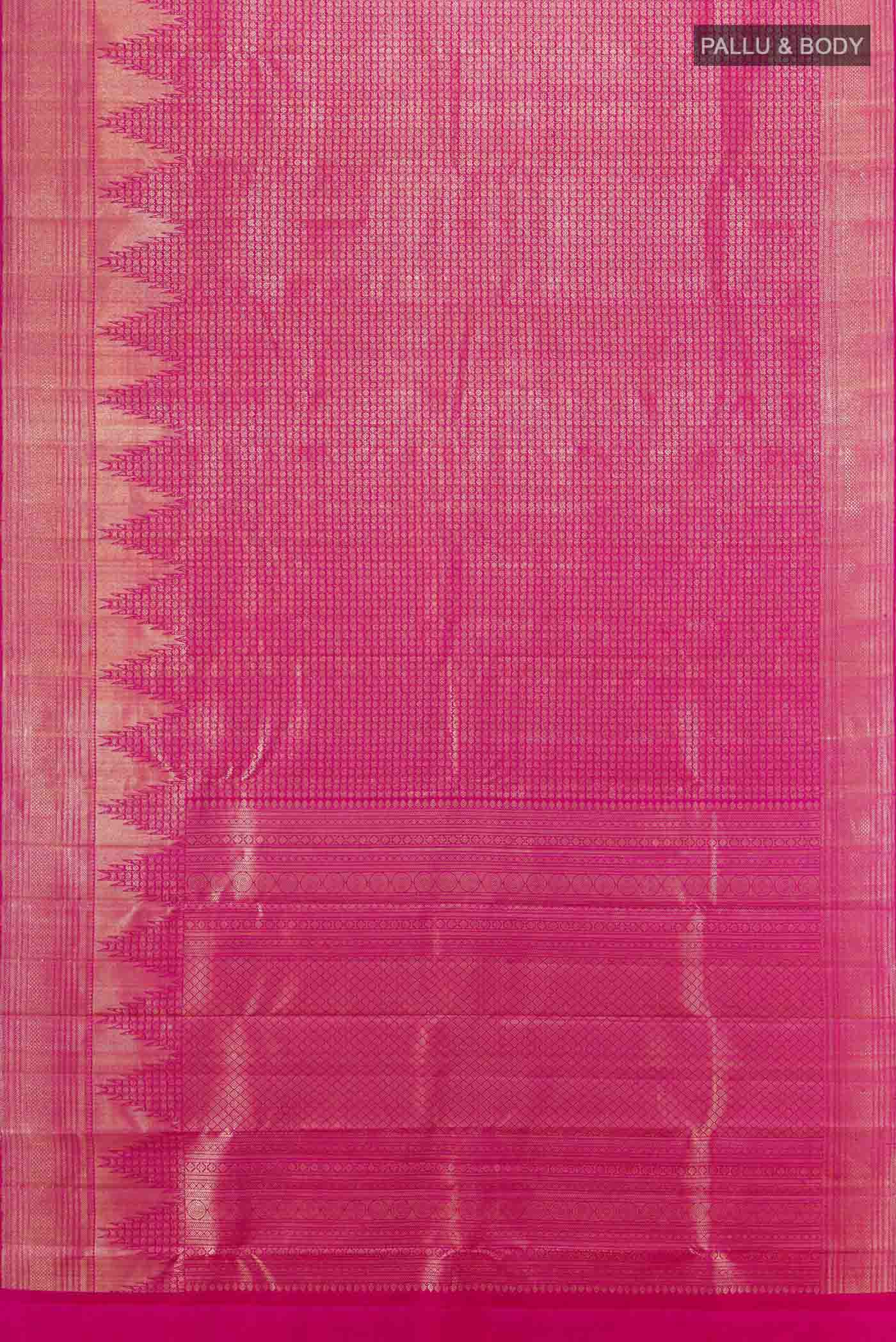 Flat view of Magenta Kanchipuram Silk Saree with Zari Butta on the body and Silk Border. 