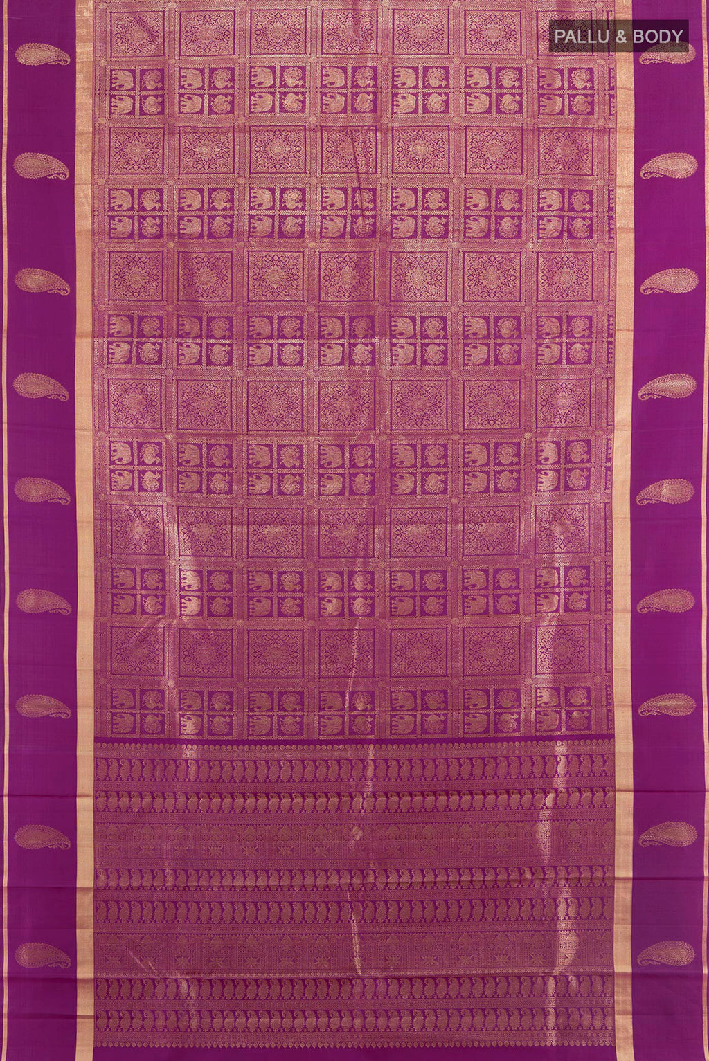 Flat view of Pure Silk Violet Kanchipuram Saree with Zari Butta on the body and Silk Border. 