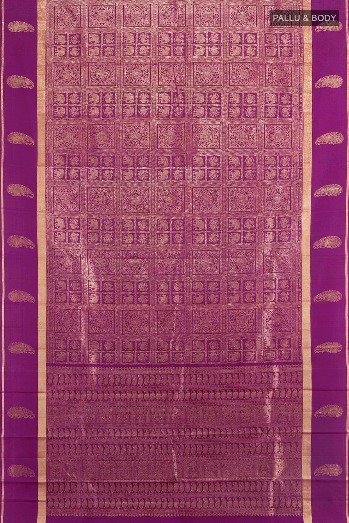 Flat view of Pure Silk Violet Kanchipuram Saree with Zari Butta on the body and Silk Border. 
