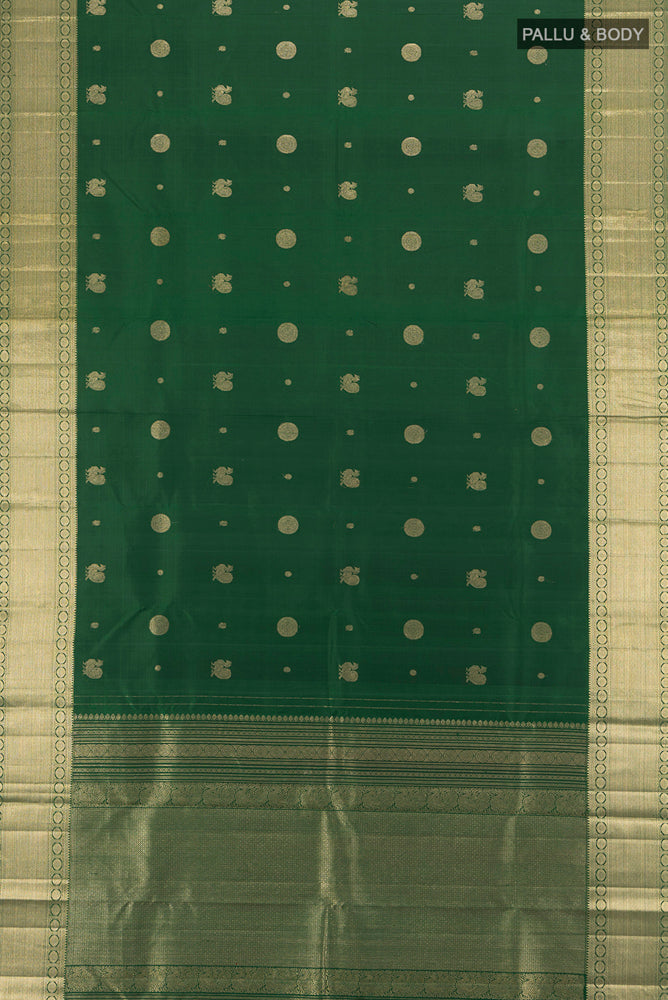 Flat view of Bottle Green Kanjivaram Silk Saree with Checked design on the body and Silk Border. 
