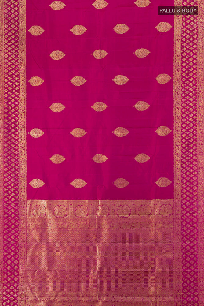 Flat view of Pure Silk Pure Zari Purple Kanjivaram Saree with Zari Butta on the body and Silk Border. 