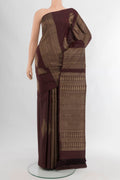Coffee Brown Kanchipuram Silk Saree with Stripes on the body and Without Border.  displayed on a mannequin