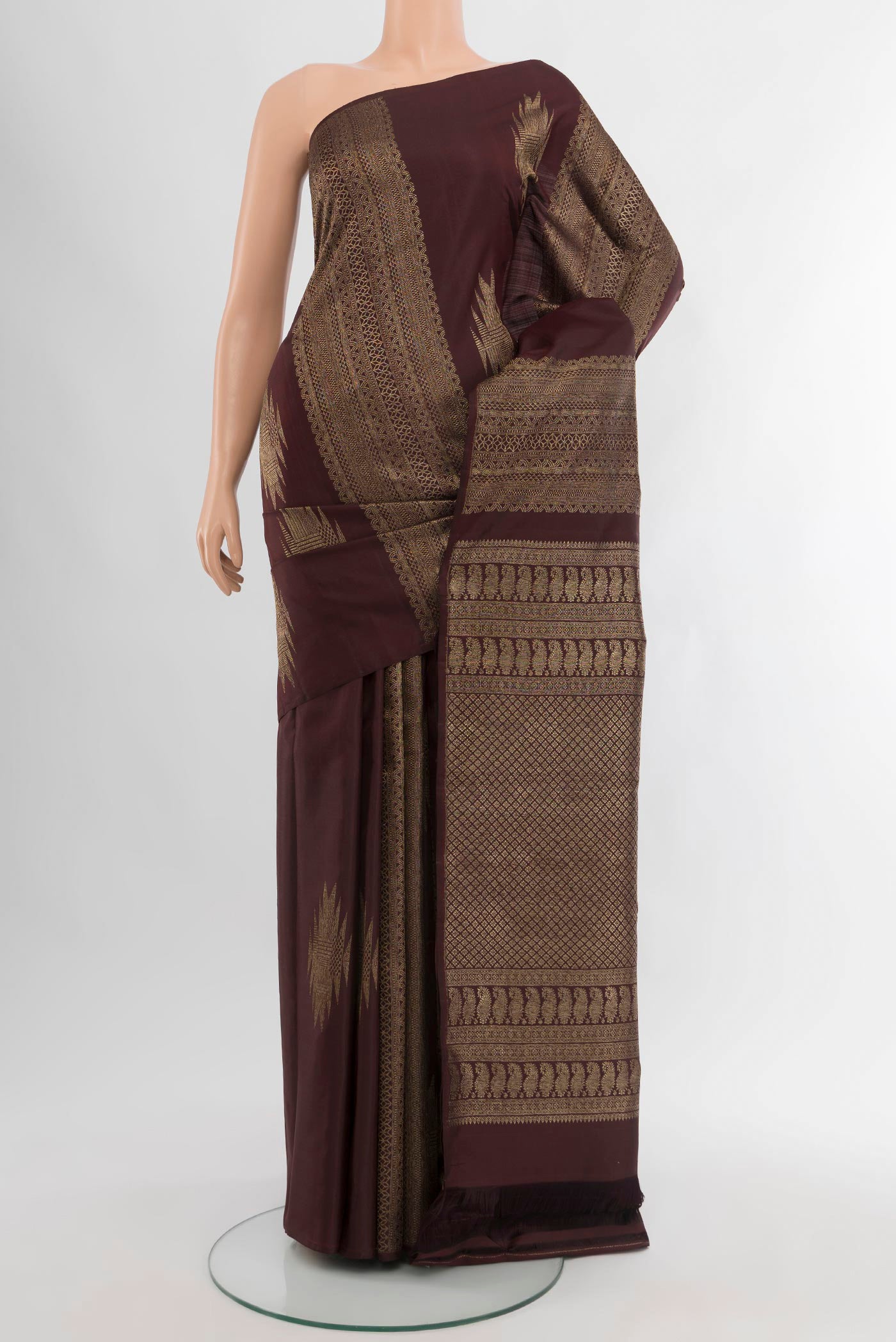 Coffee Brown Kanchipuram Silk Saree with Stripes on the body and Without Border.  displayed on a mannequin