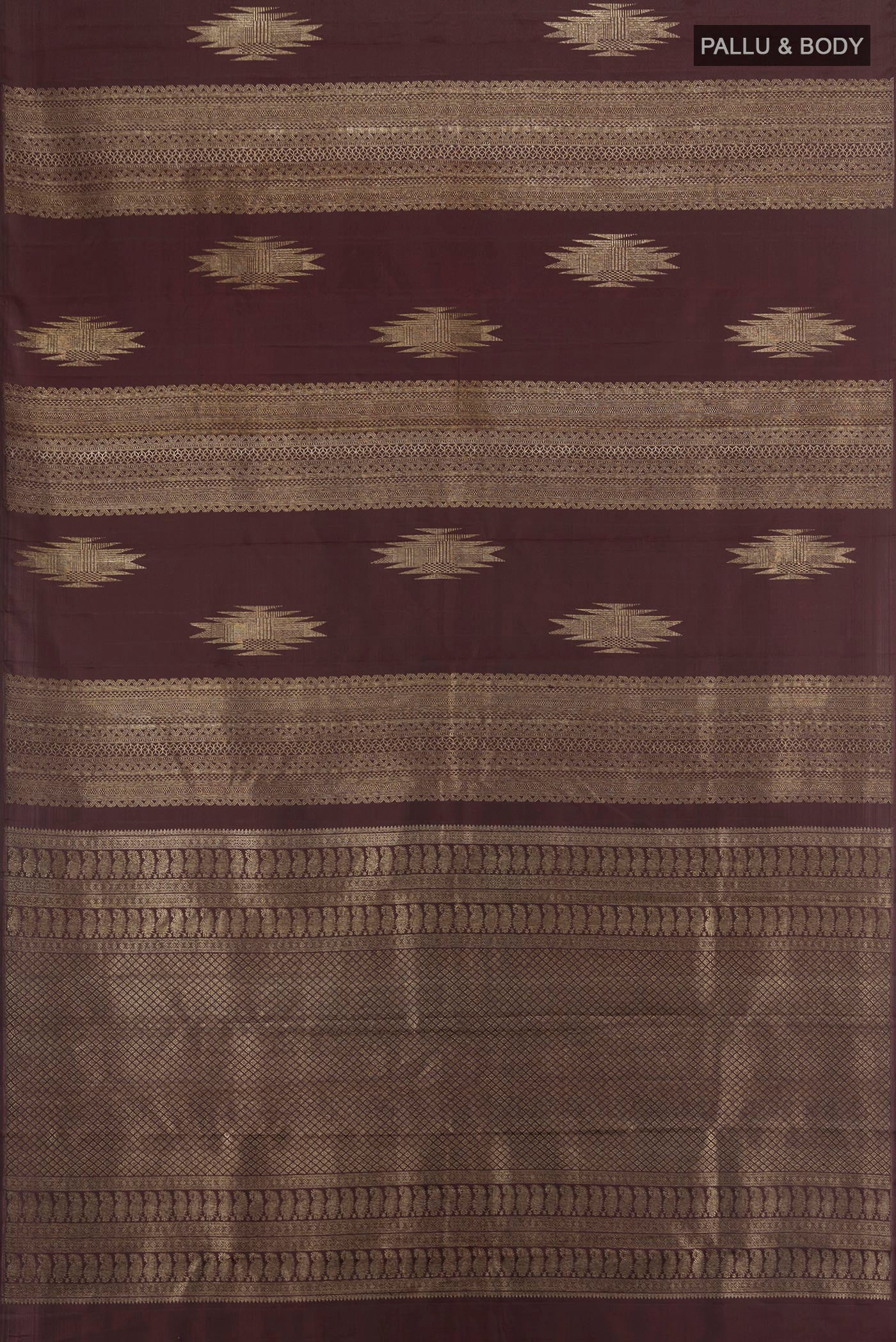 Flat view of Coffee Brown Kanchipuram Silk Saree with Stripes on the body and Without Border. 