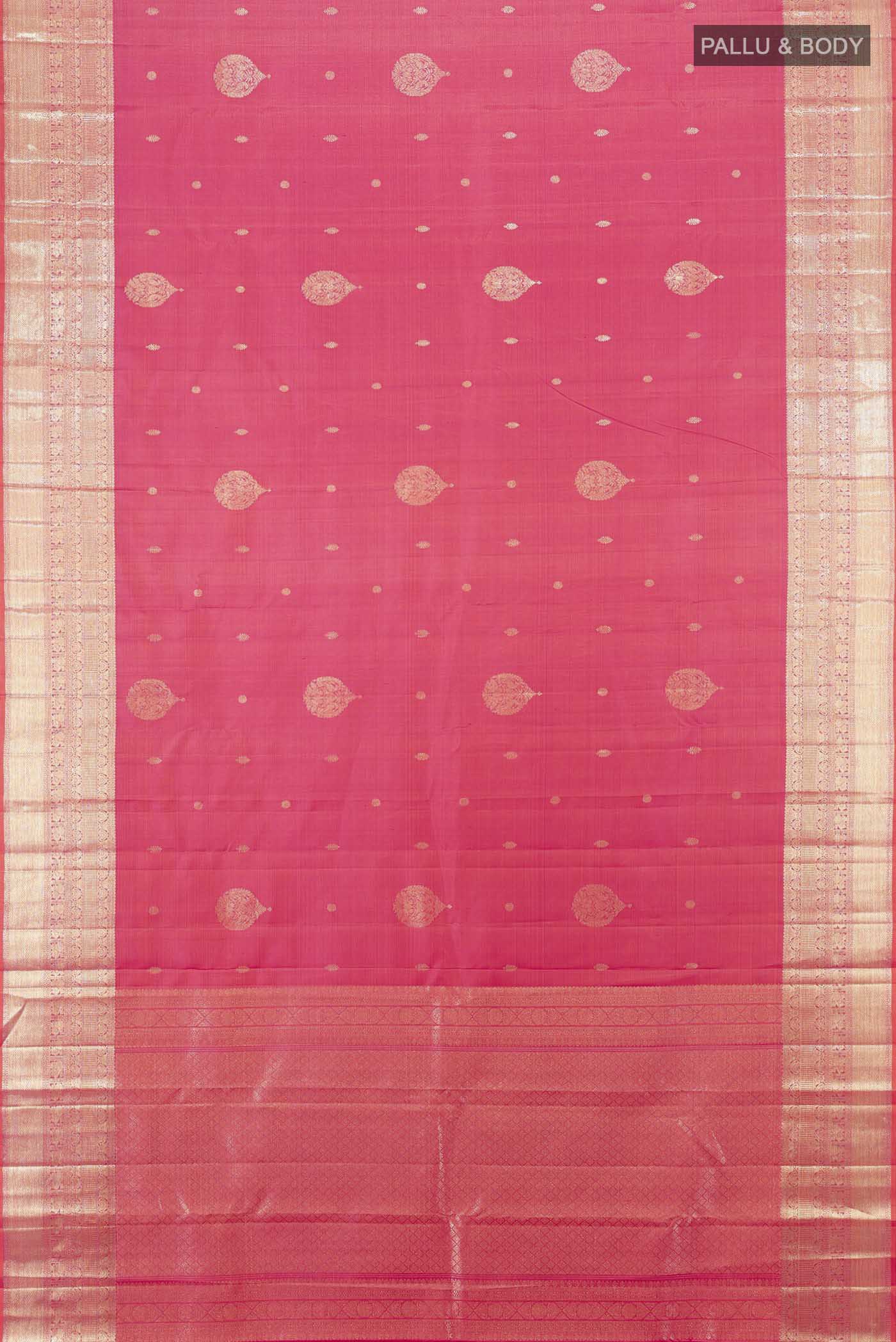 Flat view of Rose pink Kanjivaram Silk Saree with Zari Butta on the body and Silk Border. 