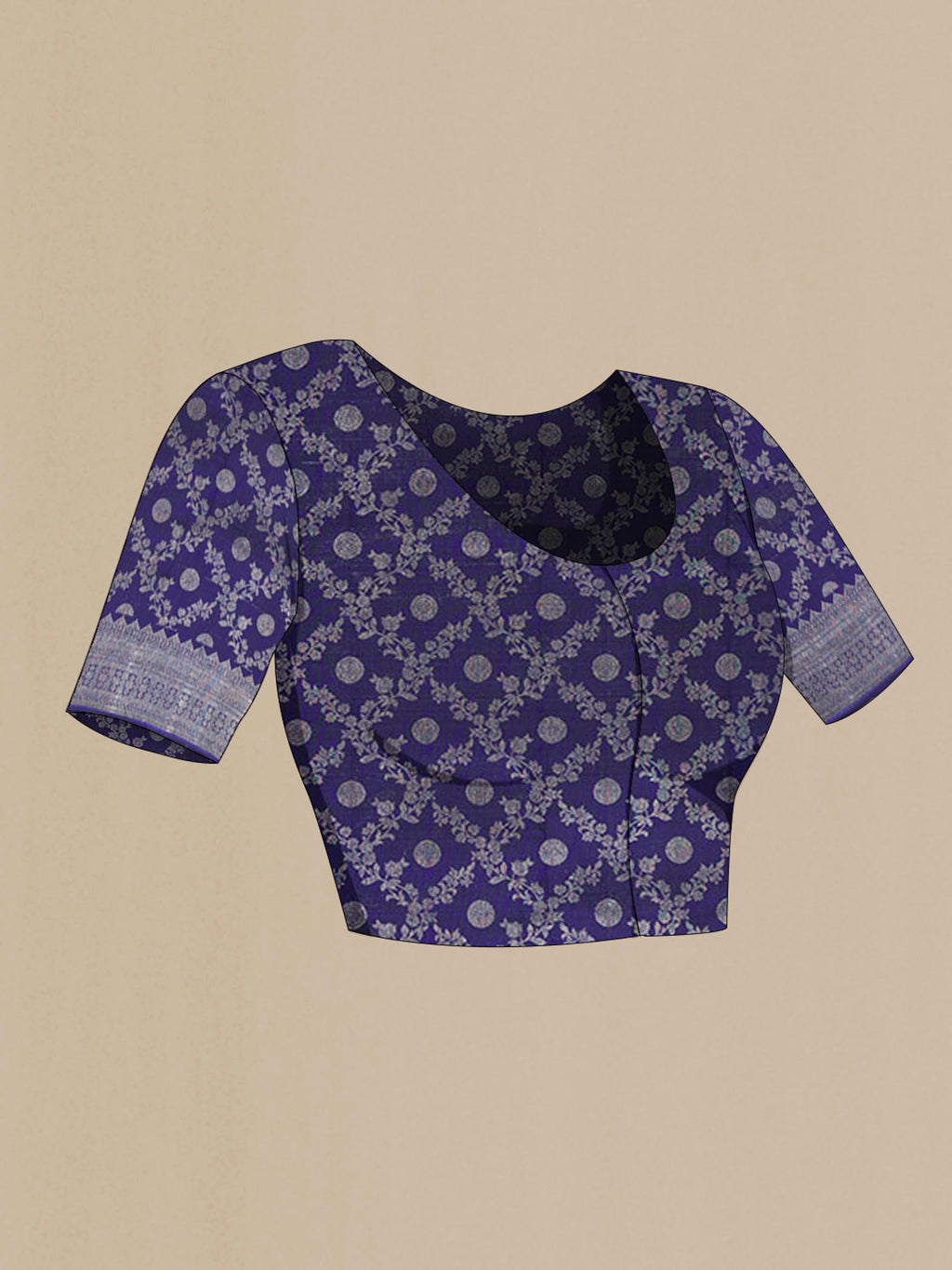 Close up image of the blouse of Navy Blue Kanjivaram Silk Saree with Zari Butta on the body and Silk Border. 