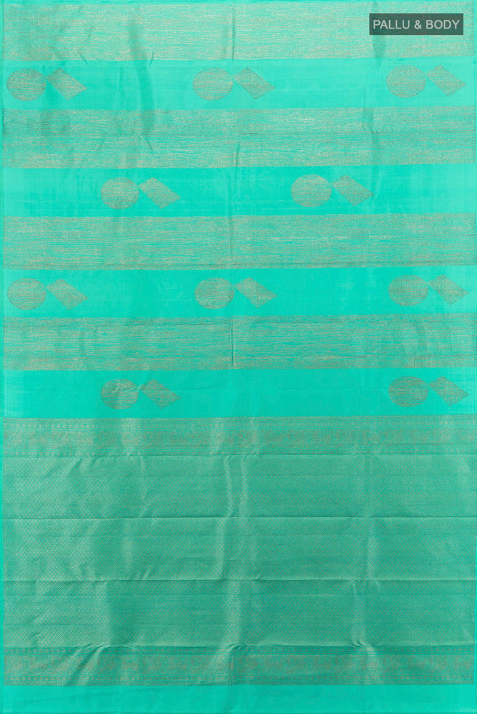 Flat view of Pure Silk Pure Zari Sea Green Kanchipuram Saree with Zari Butta on the body and Silk Border. 