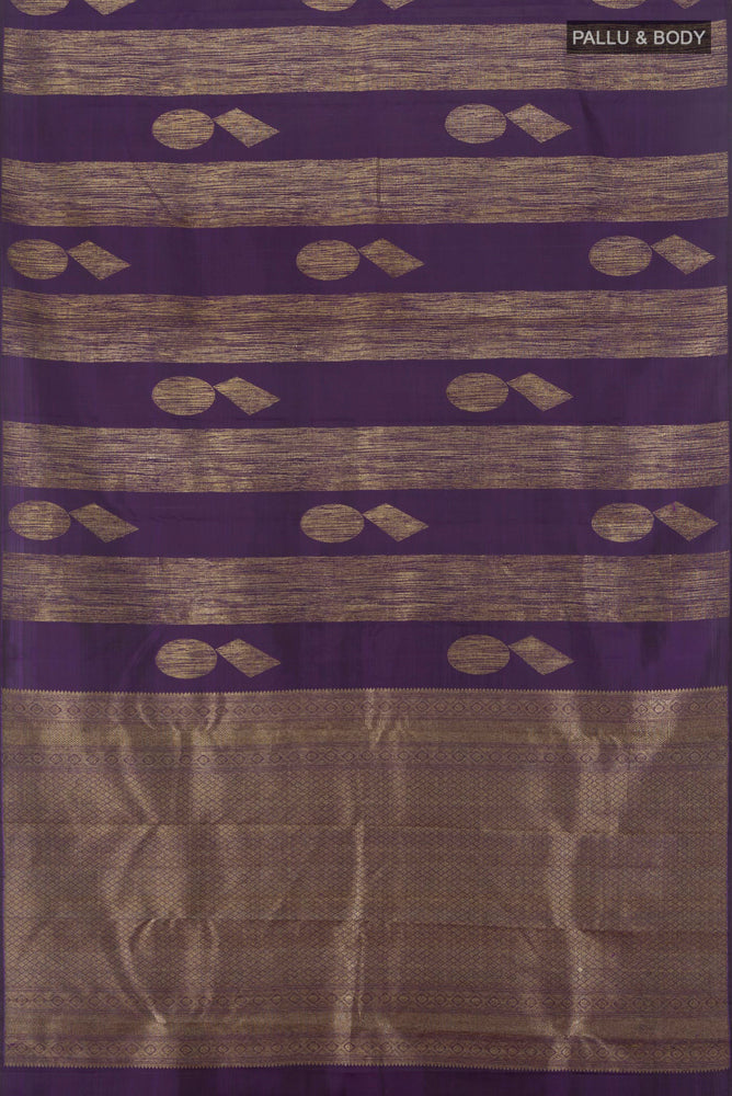 Flat view of Pure Silk Pure Zari Violet Kanchipuram Saree with Zari Butta on the body and Silk Border. 
