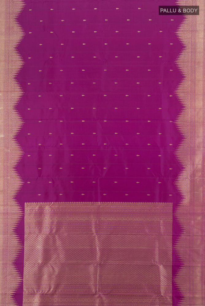 Flat view of Pure Silk Pure Zari Purple Kanjivaram Saree with Zari Butta on the body and Silk Border. 