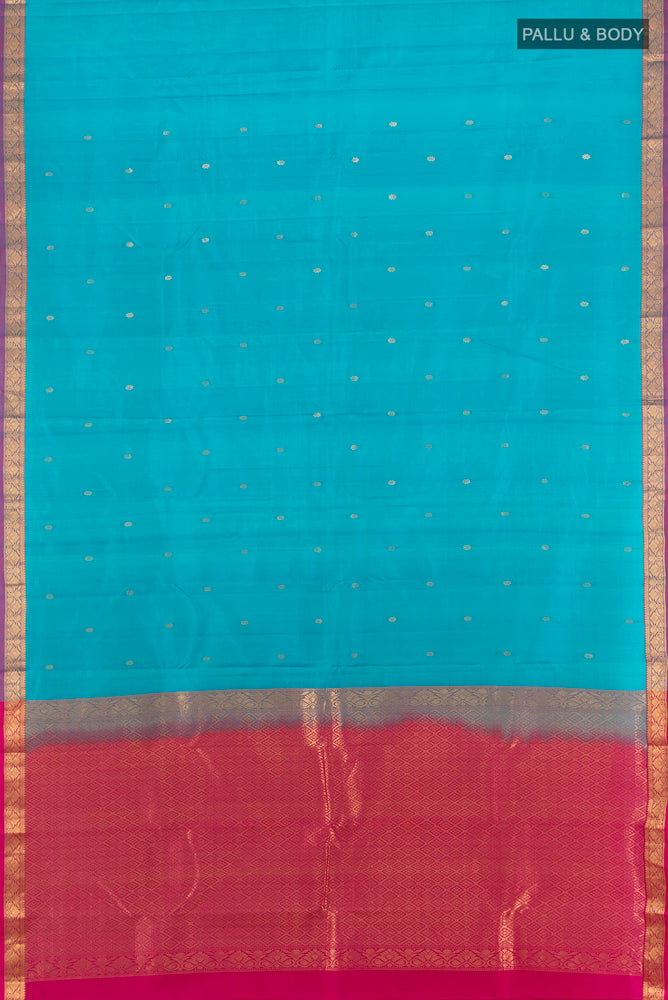 Flat view of Light Blue Kanchipuram Silk Saree with Zari Butta on the body and Silk Border. 
