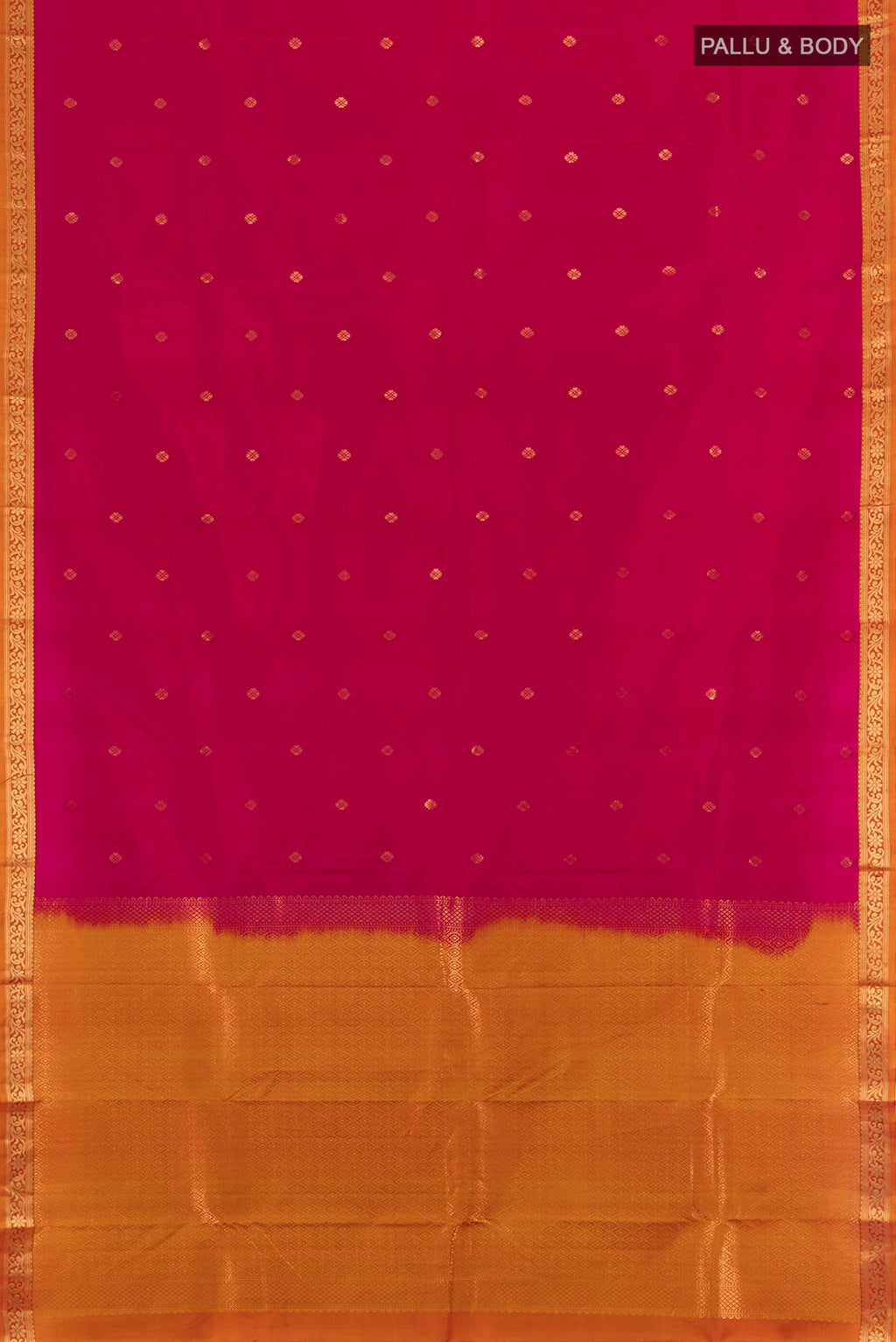 Flat view of Dark Pink Kanchipuram Silk Saree with Zari Butta on the body and Zari Border. 