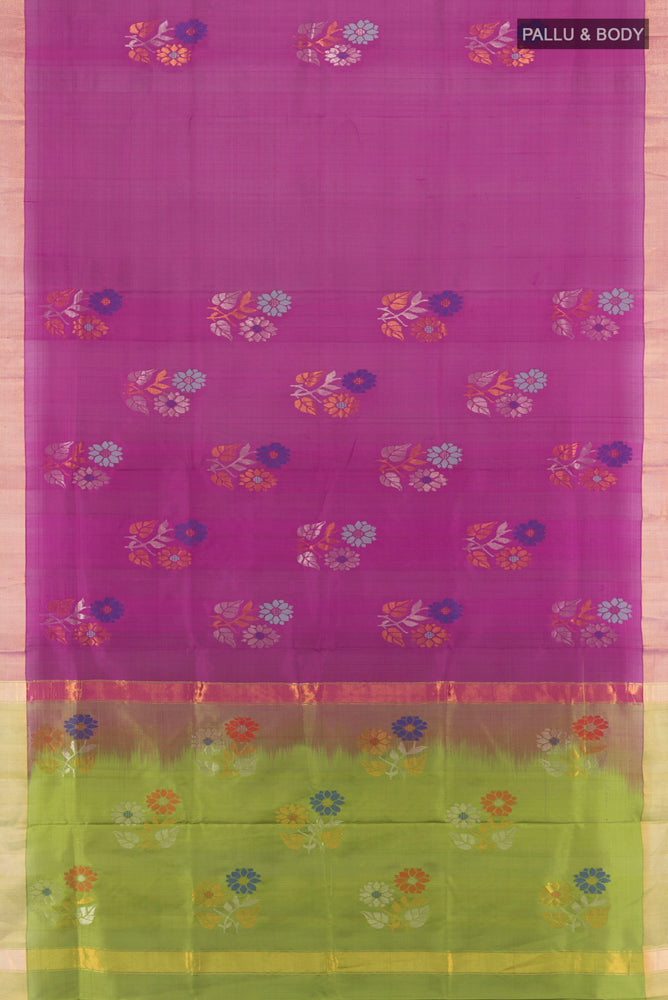 Flat view of Purple Uppada Silk Saree with Zari Butta on the body and Silk Border. 